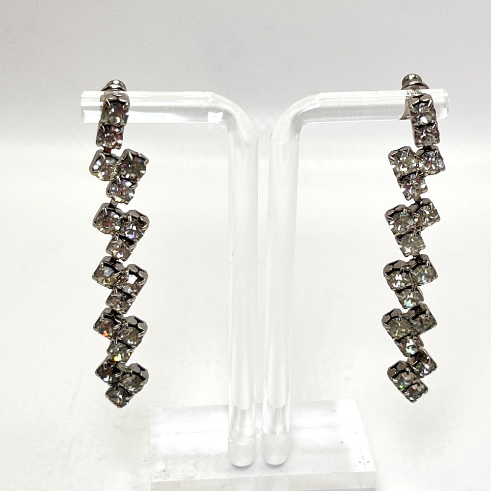 Vintage Crystal Rhinestone Zig Zag Deco Style 2" Dangle Duster Earrings